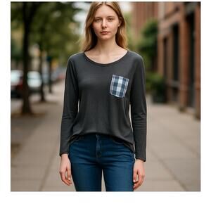 12PM by Mon Ami gray scoop neck long sleeve T-shirt with plaid back, women's S